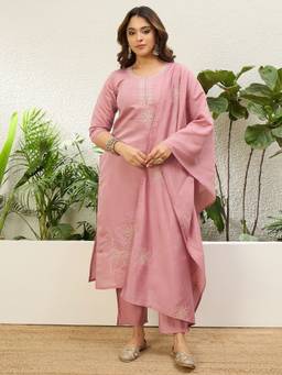 VredeVogel - Women's Pink Cotton Silk Embroidered Kurta with Pant and Dupatta
