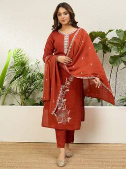 VredeVogel - Women's Rust Silk Blend Embroidered Kurta with Pant and Dupatta