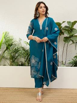 VredeVogel - Blue Silk Blend Embroidered Straight Kurta with Pant and Dupatta