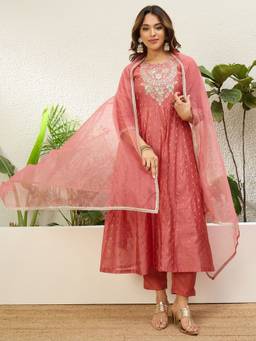 VredeVogel - Peach Silk Blend Floral Anarkali Kurta with Pant and Dupatta
