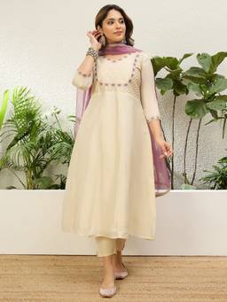 VredeVogel - Beige Silk Blend Embroidered Anarkali Kurta with Pant and Dupatta