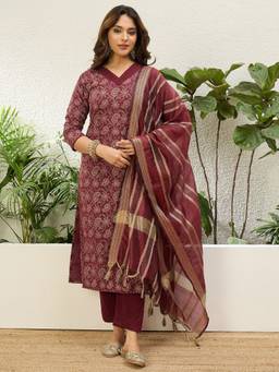 VredeVogel - Maroon Silk Blend Embroidered Straight Kurta with Pant and Dupatta