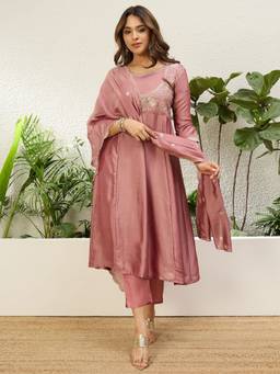 VredeVogel - Mauve Silk Blend Embroidered Anarkali Kurta with Pant and Dupatta