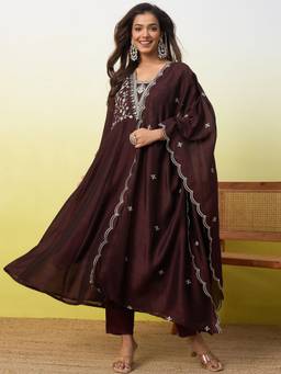 VredeVogel - Brown Silk Blend Embroidered Anarkali Kurta with Pant and Dupatta