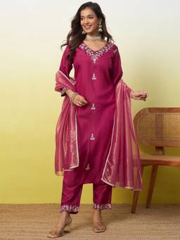 VredeVogel - Magenta Silk Blend Embroidered Silk Blend Kurta with Pant and Dupatta