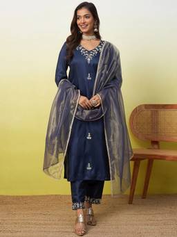 VredeVogel - Navy Blue Silk Blend Silk Blend Kurta with Pant and Dupatta