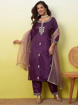 VredeVogel - Purple Silk Blend Embroidered Silk Blend Kurta with Pant and Dupatta