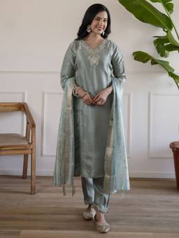 VredeVogel - Grey Silk Blend Embroidered Silk Blend Kurta with Pant and Dupatta