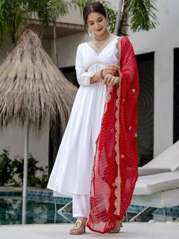 THE52 - Red Gorgeous Embroidery Chandrei Kurta with Pant and Dupatta