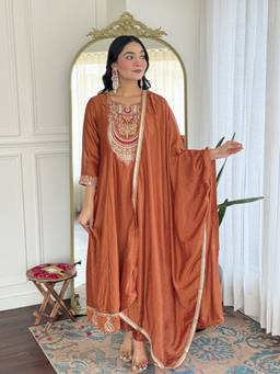 THE52 - Rust Embroidery Vichitra Silk Anarkali Kurta with Pant and Dupatta