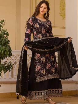 THE52 - Black Gorgeous Embroidery Chinon Kurta with Palazzo and Dupatta