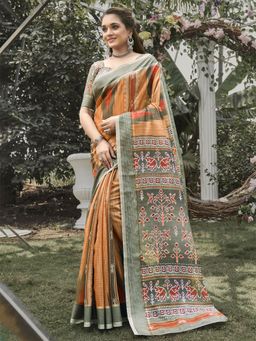 Odette - Womens Soft Silk Peach Printed Saree with Unstitched Blouse
