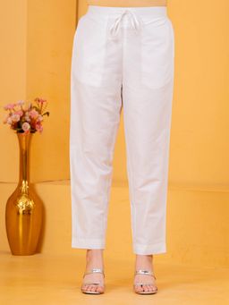 ARAMYA - White Blended Silk Solid Trousers for Women