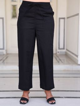 ARAMYA - Black Slub Cotton Solid Trousers for Women