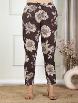 ARAMYA - Brown Soft Cotton Floral Trousers for Women