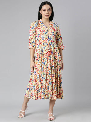 Women's Yellow Floral Printed Fit & Flare Midi Dress
