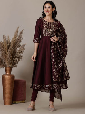 Cotton Embroidered Anarkali Calf Length Kurta with Pant and Dupatta