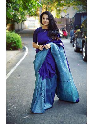 Blue Embroidered Banarasi Nylon Saree With Unstitched Blouse Piece main image 0