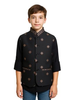 CHARCHIT - Boys Traditional Sleeveless Embroidered Nehru Jacket And Shirt - Black