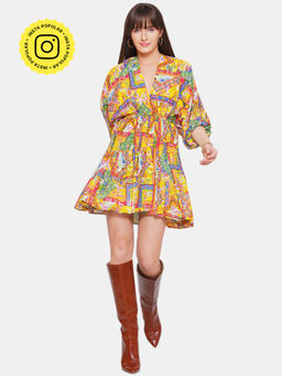 CINCIN Fashion - Yellow Colour Print V Neck Dress