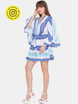 CINCIN Fashion - Geometrical Print Short Dress with Bell Sleeves