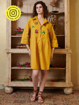 CINCIN Fashion - Mustard Poplin Embroidered Shirt Dress