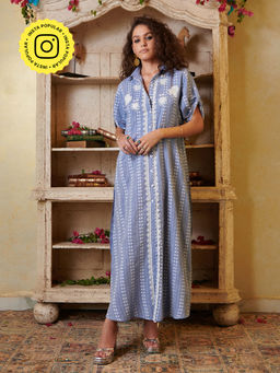 CINCIN Fashion - Blue Straight Embroidered Maxi Dress (Set of 2)