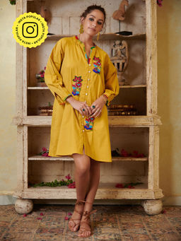 CINCIN Fashion - Poplin Mustard Embroidered Shirt Dress
