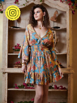 CINCIN Fashion - Multi-Color Plunging Neck Mini Dress