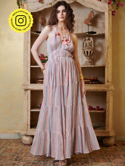 CINCIN Fashion - Multi-Color Stripes Embellished Halter Neck Dress