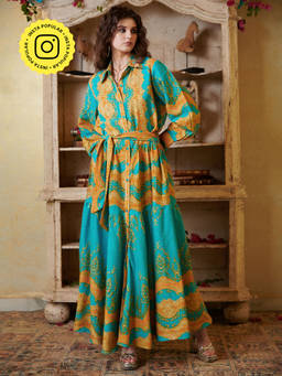CINCIN Fashion - Teal Printed Flare Shirt Maxi Dress (Set of 2)