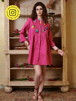 CINCIN Fashion - Fuchsia Pink Embroidered Shirt Mini Dress