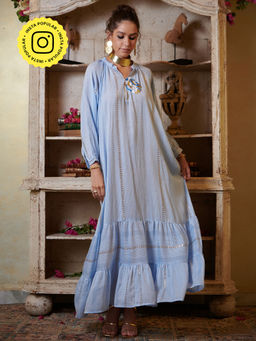 CINCIN Fashion - Blue Stripes Embroidered Maxi Dress