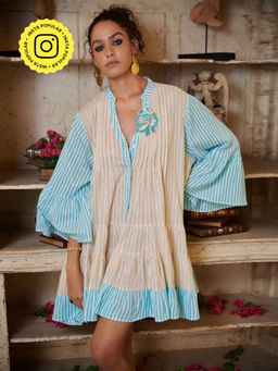 CINCIN Fashion - Blue and Beige Stripes Embroidered Mini Dress