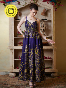 CINCIN Fashion - Navy Blue Printed Smocking Maxi Dress
