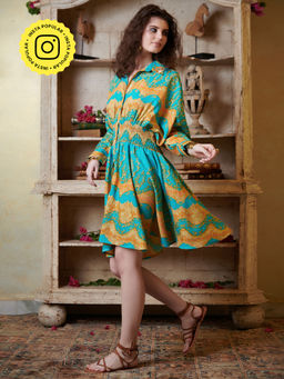 CINCIN Fashion - Teal Printed Mini Shirt Dress