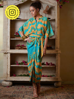 CINCIN Fashion - Teal Printed Shirt Maxi Dress (Set of 2)