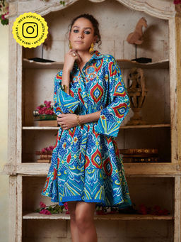 CINCIN Fashion - Multi-Color Printed Skater Shirt Mini Dress