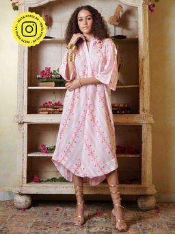 CINCIN Fashion - White and Pink Asymmetrical Shirt Midi Dress