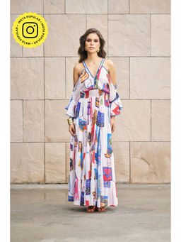 CINCIN Fashion - Multi Printed V-Neck Cold Shoulder Maxi Dress