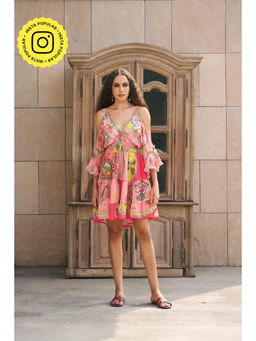 CINCIN Fashion - Peach Printed V-Neck Cold Shoulder Mini Dress