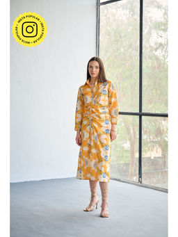 CINCIN Fashion - Mustard Poplin Pleated Midi Shirt Dress