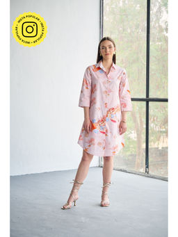 CINCIN Fashion - Printed Pink Poplin Aerial Mini Shirt Dress