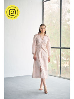 CINCIN Fashion - Poplin Pink Horse Printed Pleated Shirt Midi Dress