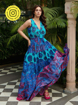 CINCIN Fashion - Indigo Printed Sleeveless Maxi Dress