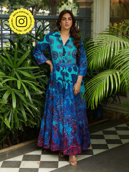 CINCIN Fashion - Indigo Printed Quarter Sleeve Maxi Dress and Belt (Set of 2)