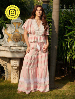 CINCIN Fashion - Peach Jacquard Peplum Top With Wide Pants (Set of 2)