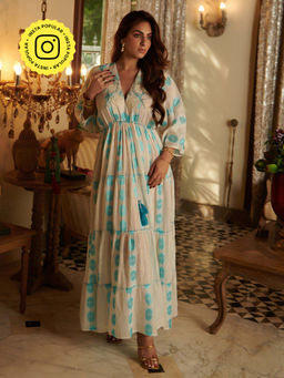 CINCIN Fashion - Jacqared Printed V Neck Long Tier Maxi Dress