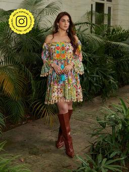 CINCIN Fashion - Off Shoulder Printed Multicolor Boxy Mini Dress