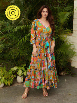 CINCIN Fashion - Multicolor Mirror Work Printed Maxi Dress